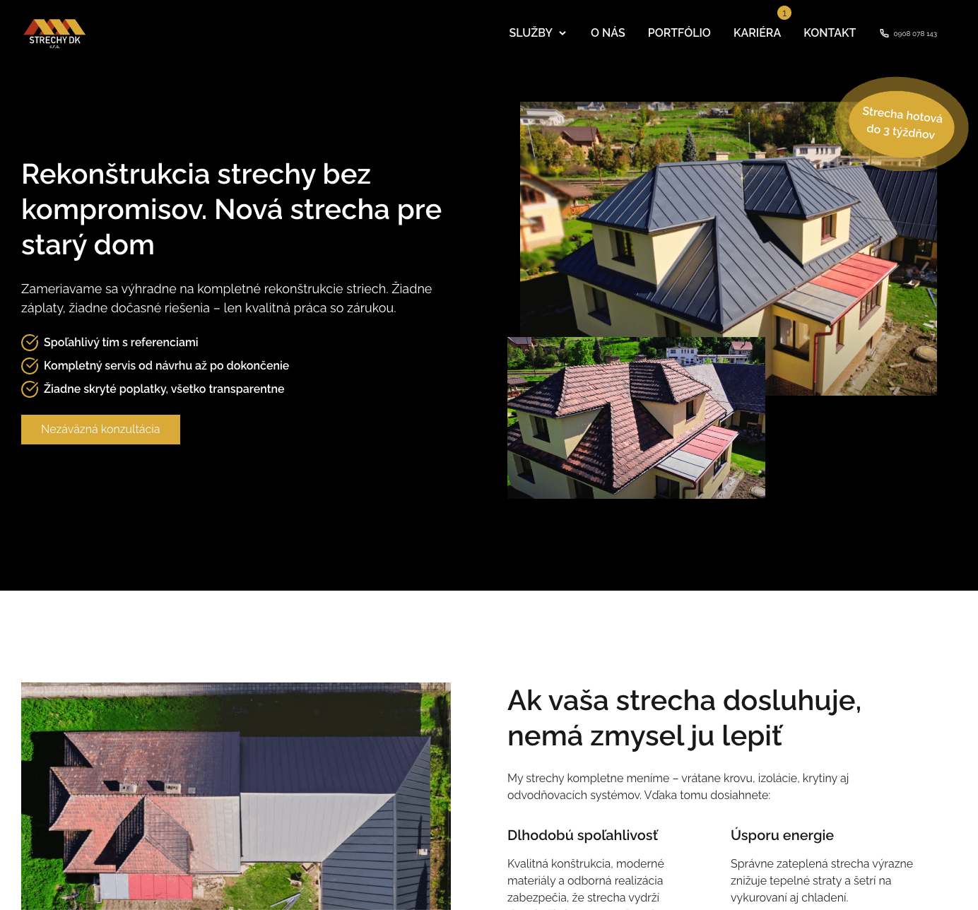 Screenshot landing page Strechy DK pre rekonštrukcie striech