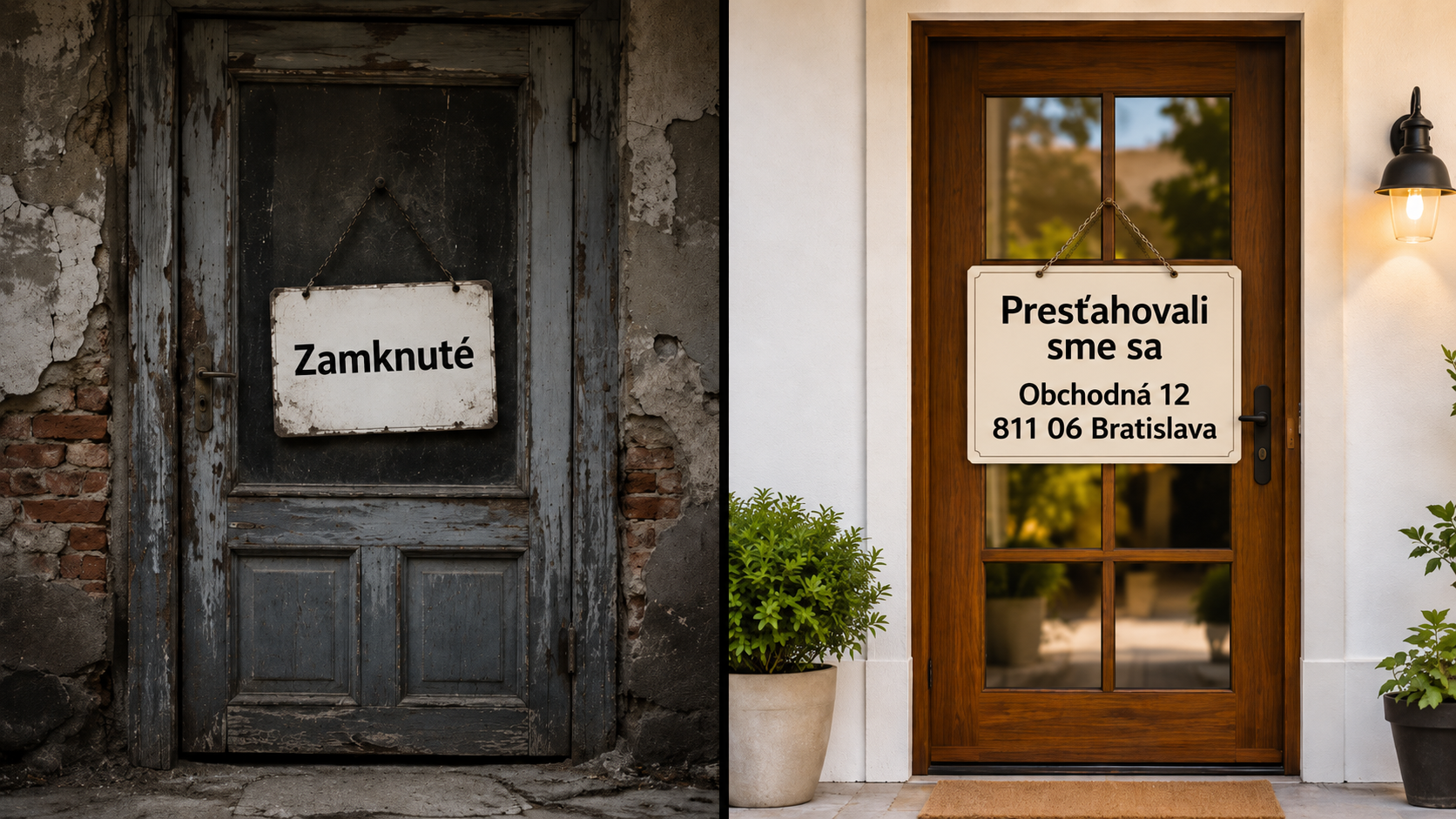 301 presmerovanie vysvetlené na príklade - staré zamknuté dvere bez ceduľky verzus nové dvere s oznamom o presťahovaní