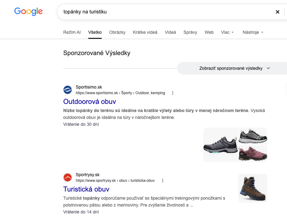Vyhľadávanie topánky na turistiku v Google – sponzorované aj organické SEO výsledky