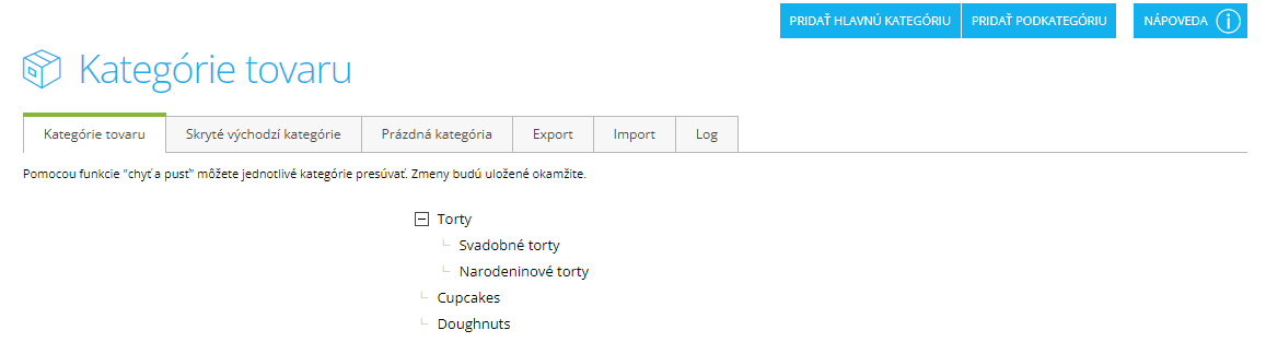 Administrácia Shoptetu so stromom kategórií a podkategórií produktov