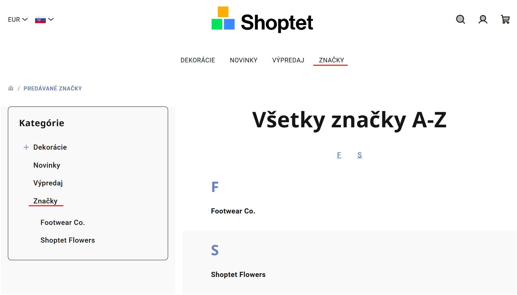 Ukážka samostatnej stránky všetkých značiek v e-shope na Shoptete