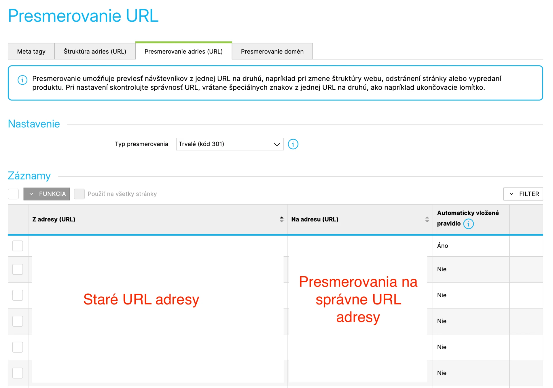 Shoptet administrácia - hromadné nastavenie 301 presmerovania URL adries v sekcii Marketing, Základné SEO