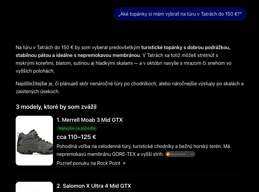 ChatGPT odporúča turistické topánky na túru v Tatrách do 150 € – AI vyhľadávanie produktov