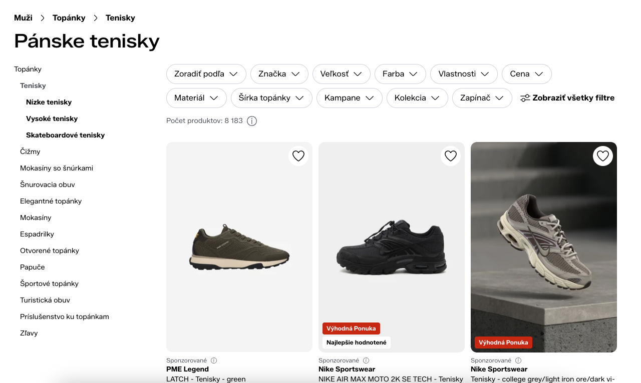 Kategória pánske tenisky v e-shope – SEO príležitosti na Shoptete cez kategórie a filtre