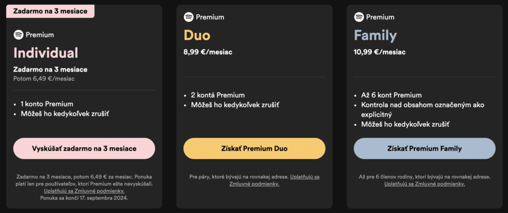 Výzva k akcii pre zakúpenie jedného z troch balíkov v Spotify aplikácii